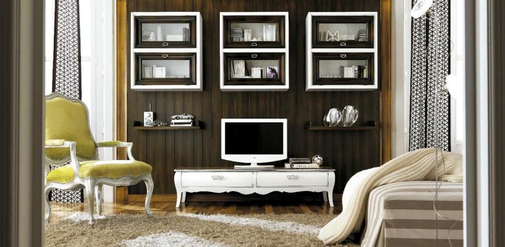 parete soggiorno stile shabby con pensili